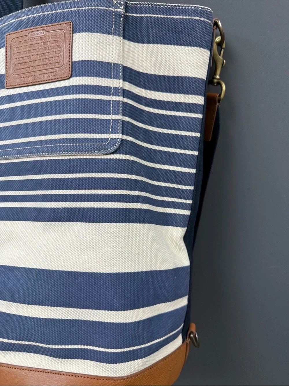 Coach Heritage Beach Navy and White Striped Canvas Backpack with Brown Trim